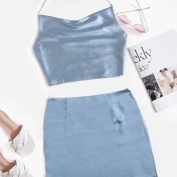 Shein solid shirred satin halter top with skirt - Picture 7 of 7